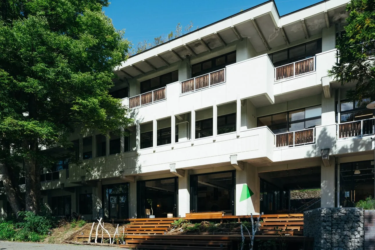 緑に囲まれた白い 3 階建ての建物とウッドデッキ