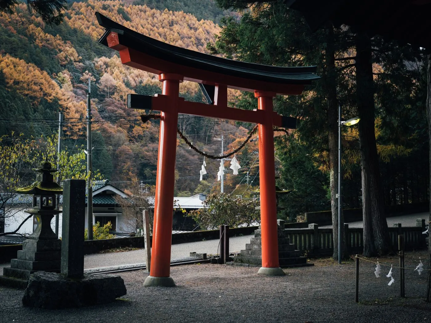 紅葉の山を背にした朱色の鳥居